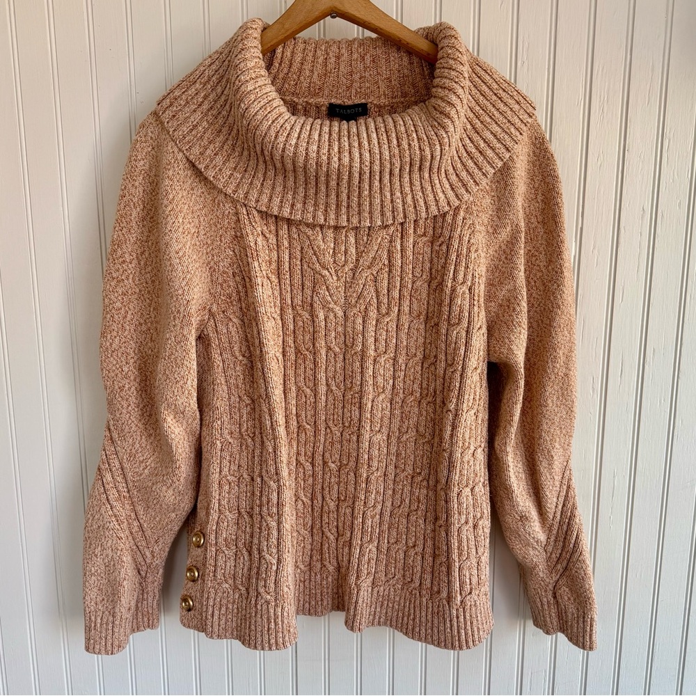 Talbots Cable Knit Cowl Neck Sweater XL in Tan 100% Cotton